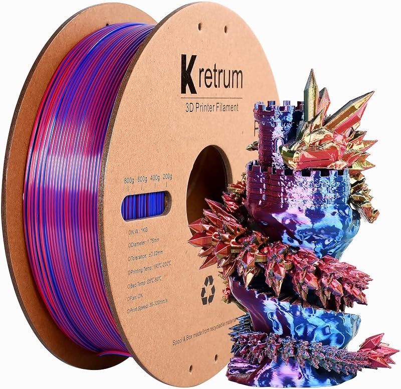 Kretrum Silk Tri Colors PLA 3D Printer Printing Filament 1.75 mm Silk PLA Color Changing Filament 1 kg / 2.2 lbs Red &