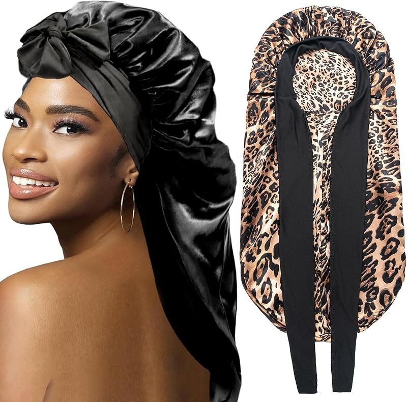 2Pcs Bonnets for Black Women Braid Bonnet, Large Long Satin Bonnet for Braids, Silk Bonnet with Stretchy Tie Band