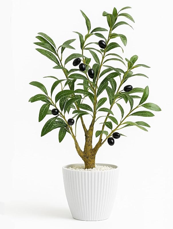 Faux Olive Tree, 16.9 Inches Small Fake Olive Trees with White Pot, Realistic Fake Tree Potted Plant and Lifelike