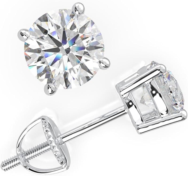 Moissanite Stud Earrings, 0.3ct-4.00ct DF Color Brilliant Round Cut Lab Created Diamond Stud Earrings 18K White Gold
