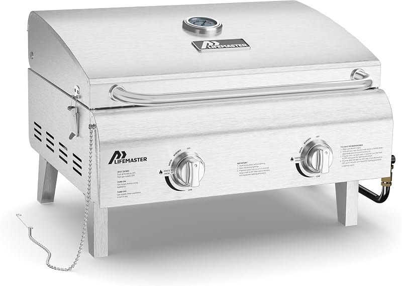 Lifemaster Portable Stainless Steel Gas Grill - 2 Burners Easy Clean Tabletop BBQ Propane Gas Grill with Foldable Legs