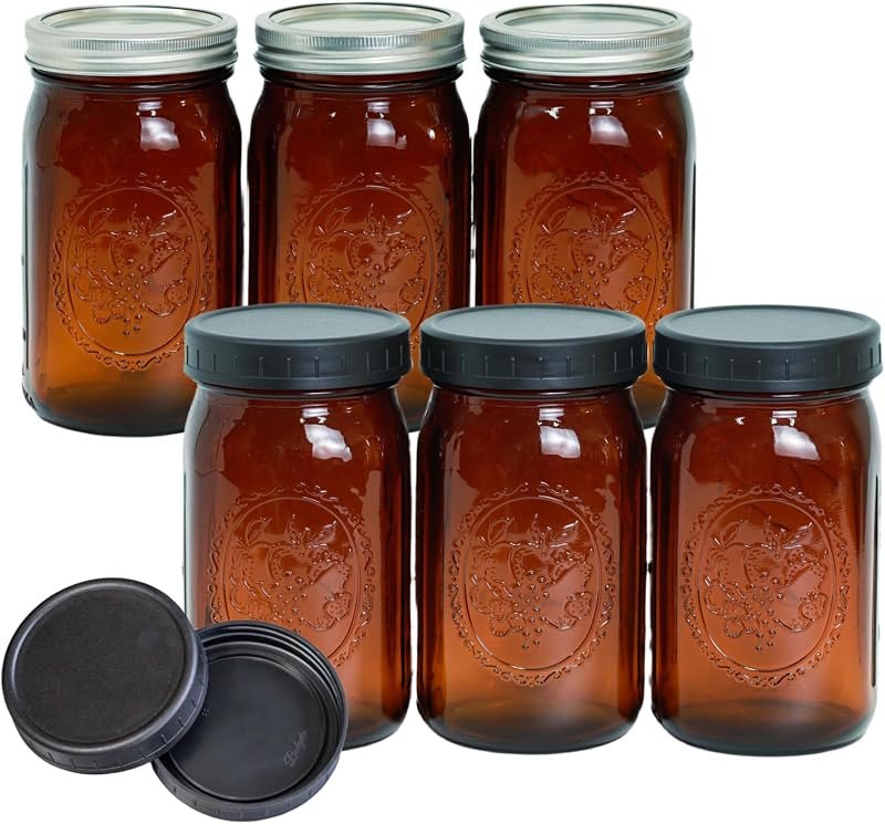 Jumterlee 6 Pack 32 oz Amber Mason Jars, Wide Mouth Mason Jars with Lids and Bands and 6 Black Plastic Mason Jar Lids