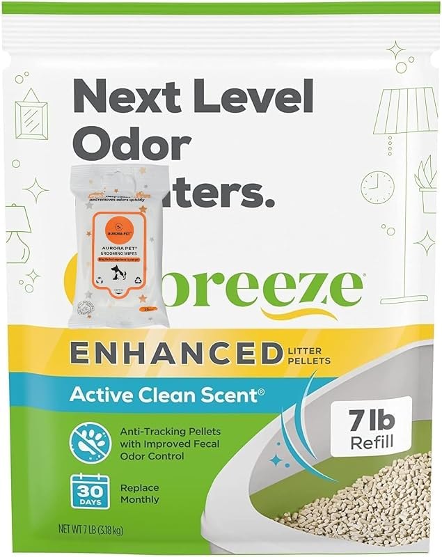 Cat Breeze Enhanced Litter Pellets, Active Clean Scent, 7 lb Refill with Aurora Pet Care Wipes — pets litter for pets