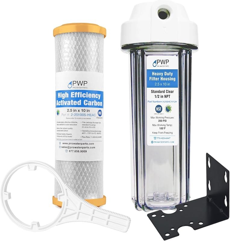 Pro Water Parts Clear RV Filter Housing with High Efficiency Activated Carbon Filter 2.5X10 1/2" NPT Ports Replaces