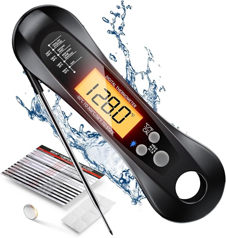 Digital Instant Read Meat Thermometer with Foldable Probe, LED Display - For Grilling, Cooking, Kitchen & BBQ —