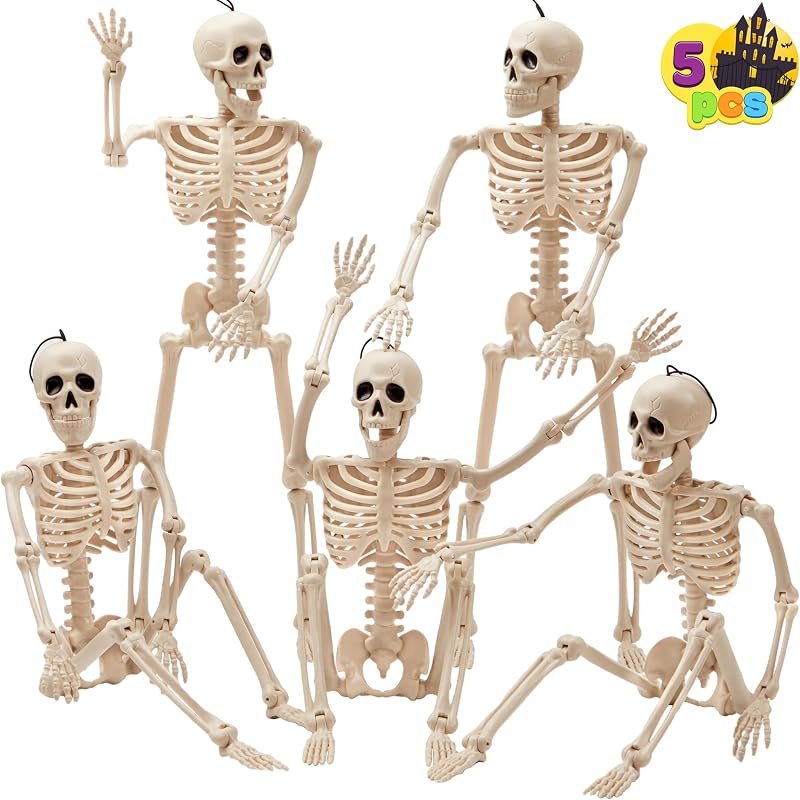 JOYIN 5 PCS Posable Halloween Skeleton Decor 16 Inches, Full Body Posable Joints Hanging Skeletons for Halloween