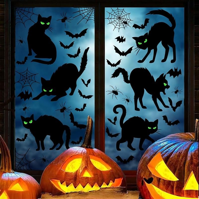 Halloween Black Cat Window Clings Decorations, Spooky Haunted House Bats Spider Web Scary Decals, Silhouette Removable
