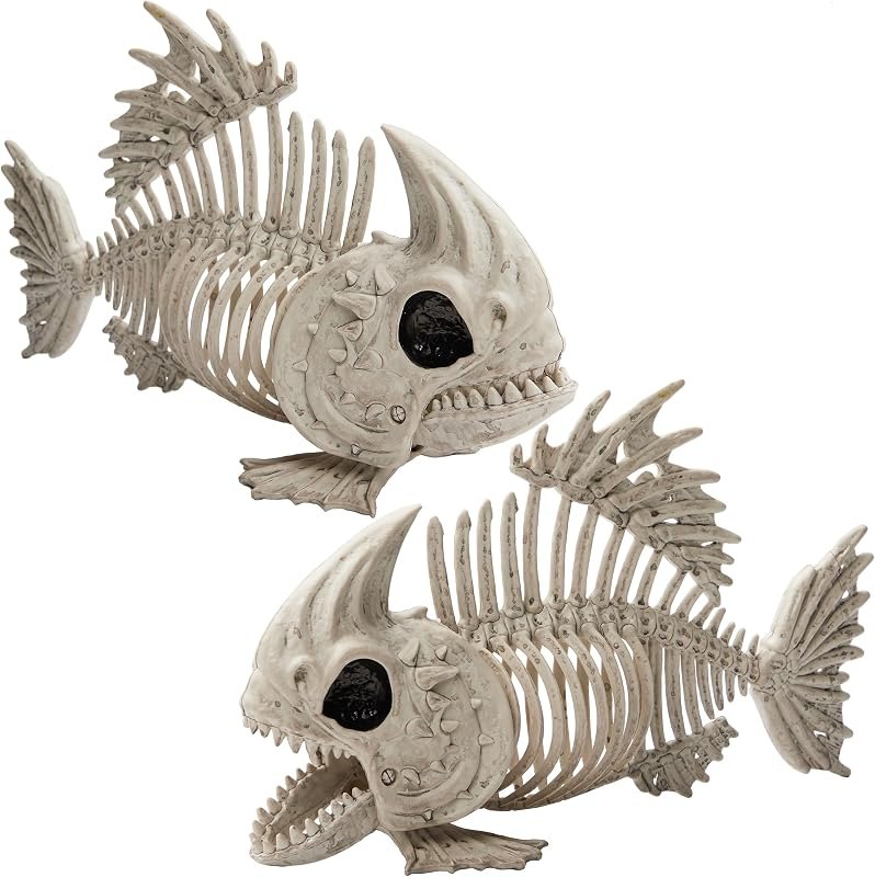 JOYIN 2 PCS 9.5 Halloween Posable Fish Skeleton Decor, Animal Plastic Bones with Posable Joints for Indoor Outdoor