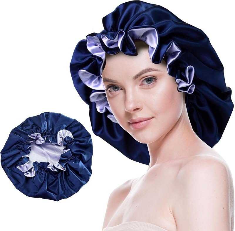 Silk Bonnet for Sleeping Satin Bonnets Double Layer Reversible Hair Cap Bonnet for Women Long Curly Braid Hair (Navy)