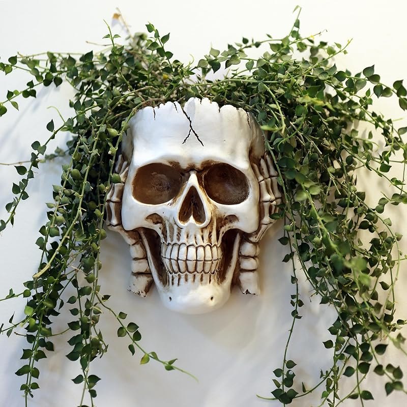 Dolkgy Skull Wall Planter for Home Décor, Hanging Skull Vase Unique Face Flower Pot Head Planters, White Resin