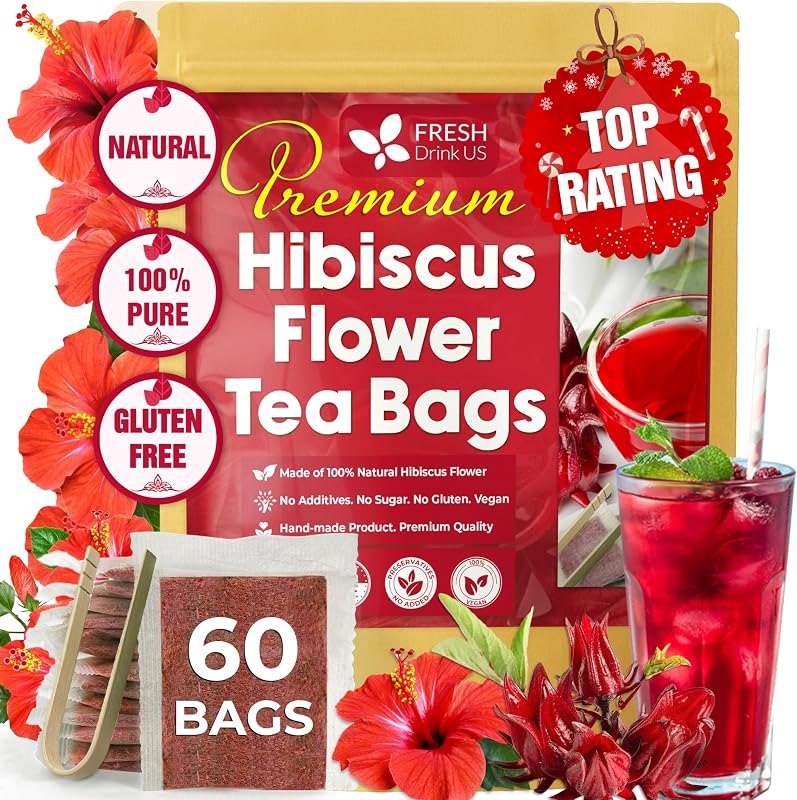 FRESHDRINKUS 60 Hibiscus Flowers Tea Bags, 100% Natural, Pure from Hibiscus Flowers. Loose Flower Hibiscus Herbal Tea