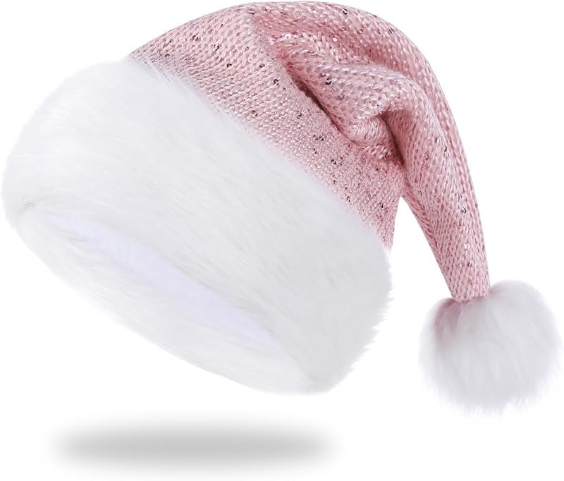 Christmas Hat, knitted hat with sequin and brim faux rabbit fur, Santa hat, Holiday party new year for Adults and kid