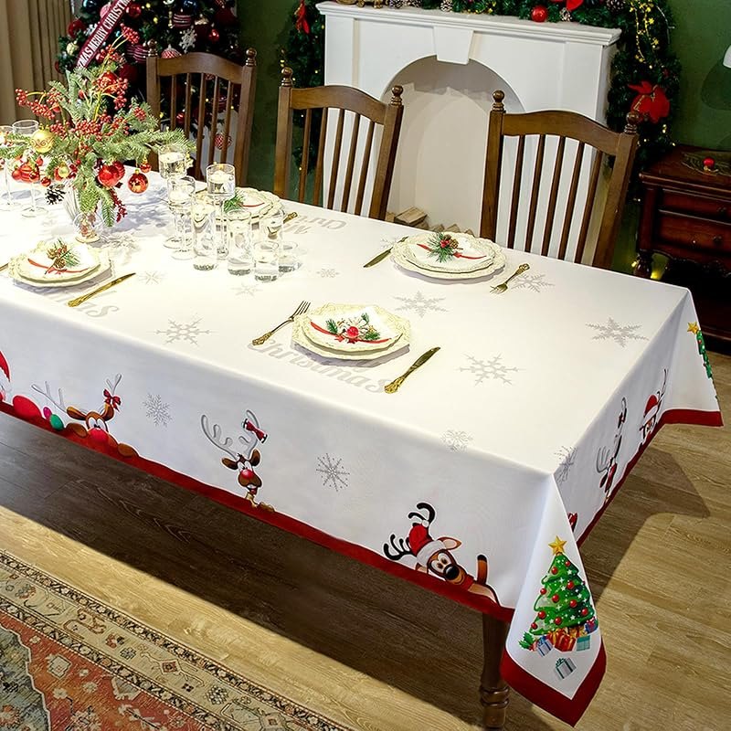 Christmas Tablecloth Rectangle - 52x70 inch - Water Resistant Holiday Decorative Print New Year’s Eve Oblong Cloth
