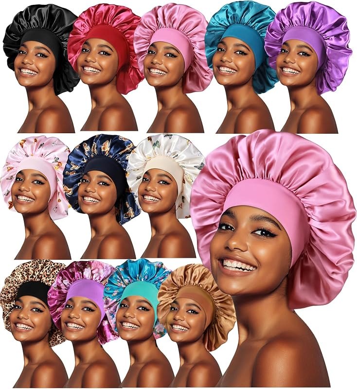12pcs Large Satin Bonnets for Sleeping, Silky Hair Bonnet for Women Braids — Silk Sleep Bonnets for silk sleep bonnets
