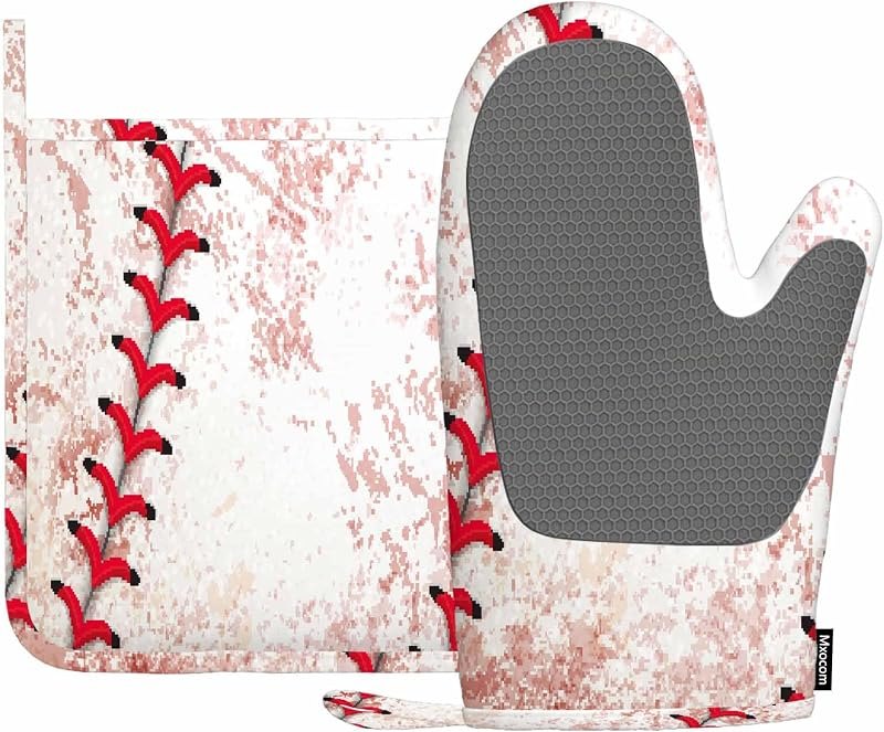 Mxocom Baseball Background Silicone Oven Mitts and Pot Holders Sets BBQ Gloves for Kitchen,Cooking,Baking,Grilling —