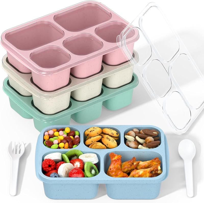 Bento Box Adult Lunch Box - 4 Pack, 5 - Compartment Meal Prep Container for Kids, Reusable Food Storage Snack