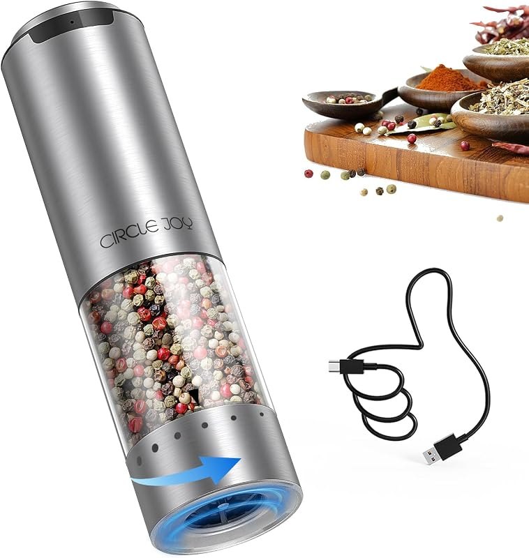 CIRCLE JOY Electric Pepper Grinder Stainless Steel Rechargeable Pepper Mill with External Adjustable Coarseness, 95ml