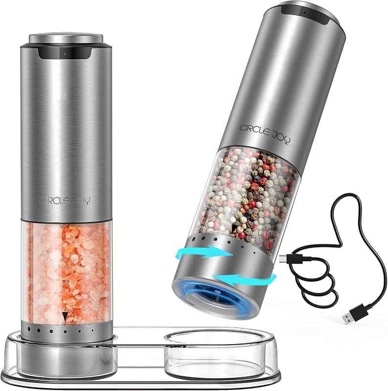 CIRCLE JOY Rechargeable Electric Salt and Pepper Grinder Set with Base, Stainless Steel Pepper Mills with 95ml
