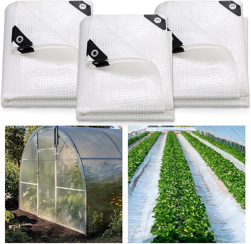 Berlune 3 Pack Clear Greenhouse Heavy Duty Tarp, 8 x 10 ft Clear Waterproof Cover, 14 Mil Plastic Mesh Cover UV
