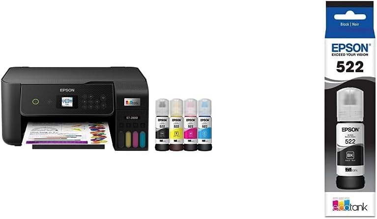 EcoTank ET-2800 Wireless Color All-in-One Cartridge-Free Supertank Printer, Black, Medium & T522 EcoTank Ink