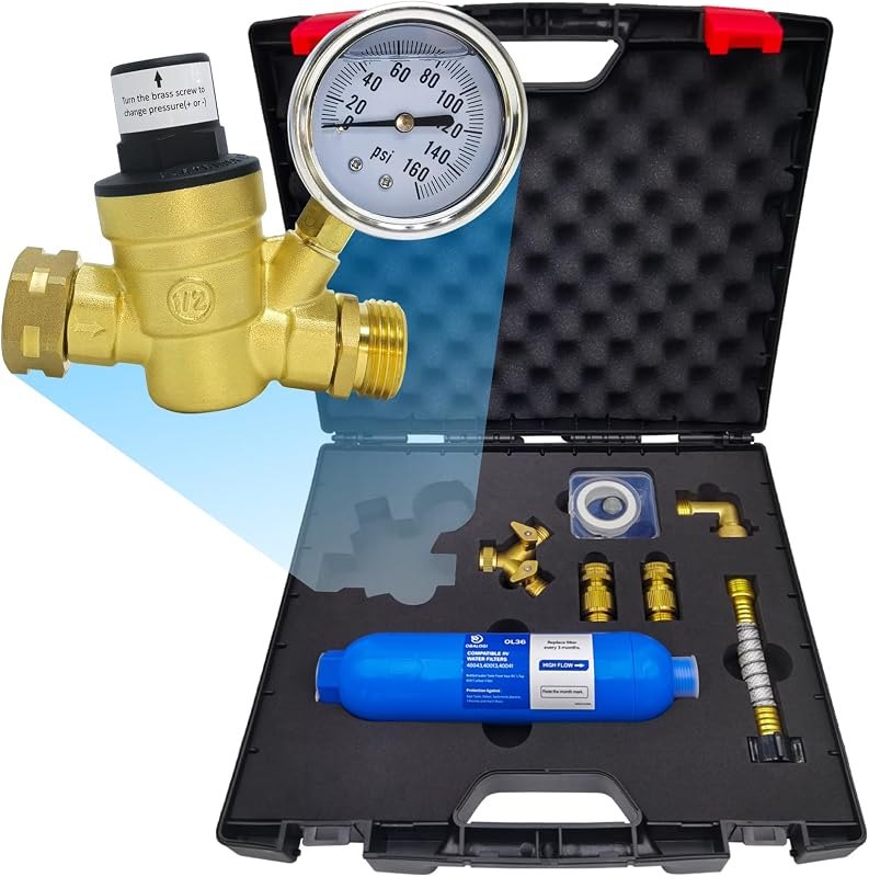 RV Water Pressure Regulator Kit, with Inline Water Filter, Lead-Free Brass Accessories, Leak Repair Kit, and