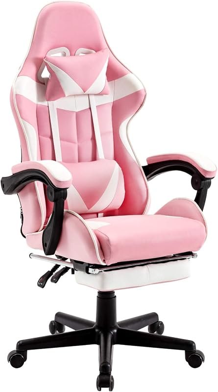 Pink Gaming Chairs with Footrest,Ergonomic PC Computer Game Chair,Lovely Home Office Desk Pink Chair with Headrest and