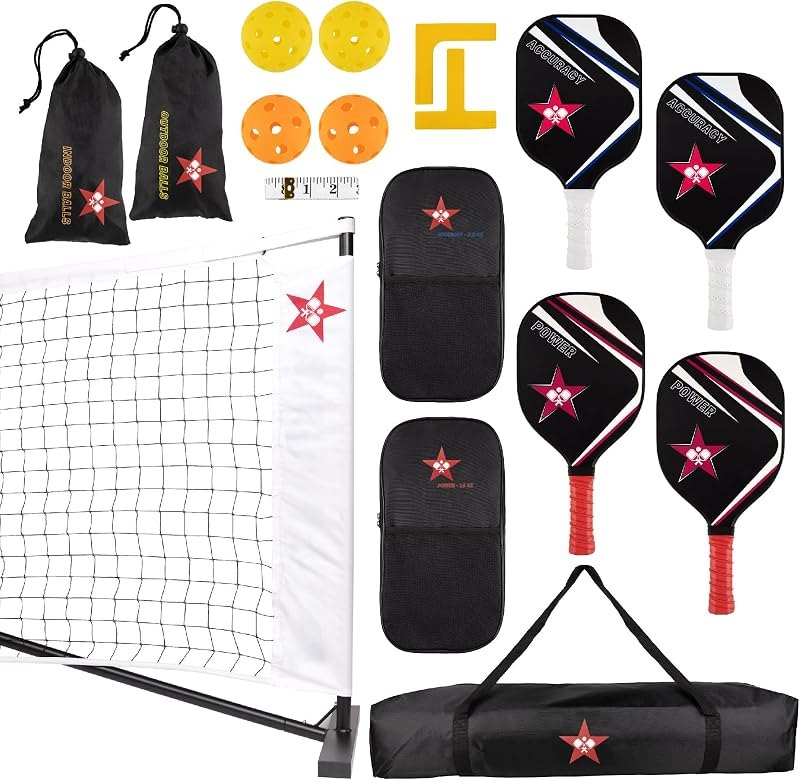 Pickleball Net Complete Kit, Full Court Size (22 FT) Two Different Paddle Styles, Weather Resistent Metal Frame, Carry