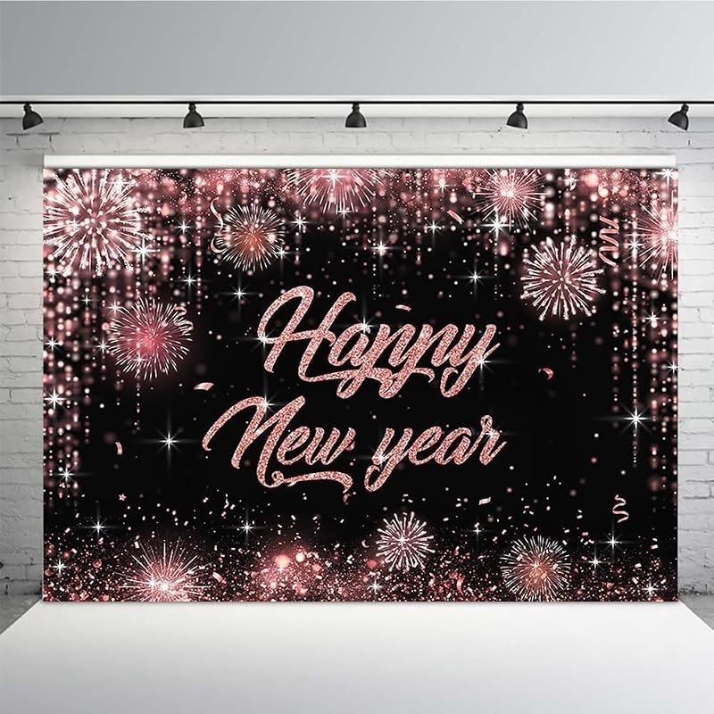 MEHOFOND 7x5ft Happy New Year Backdrop 2024 New Year's Eve Champagne Gold Photography Background Sparklers Fireworks