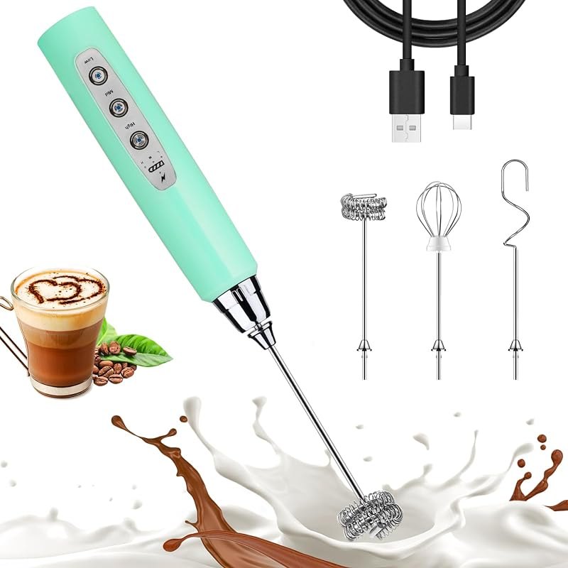 Nahida Baby Blue Milk Frother Wand for Coffee, Frother Handheld Rechargeable Electric Whisk with 3 Heads 3 Speeds