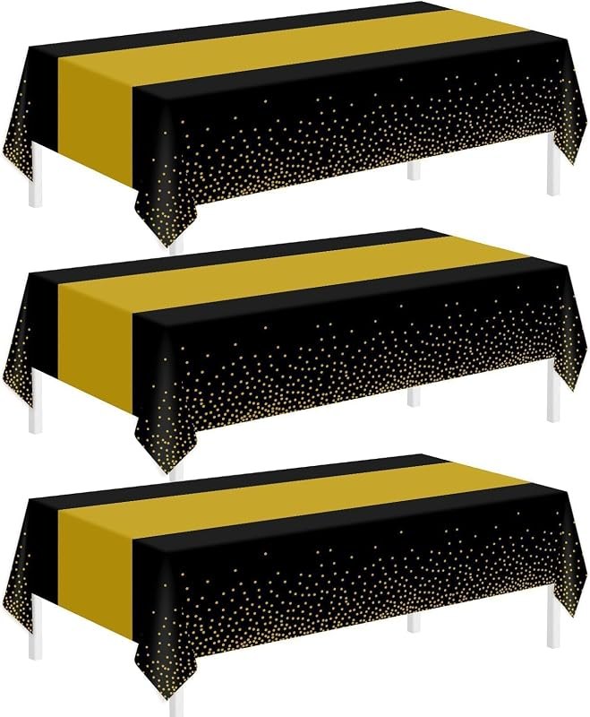 Childom 3 Pack Black and Gold Tablecloths for Events,54"x108" Plastic Table Cloths for Rectangle Tables,Disposable