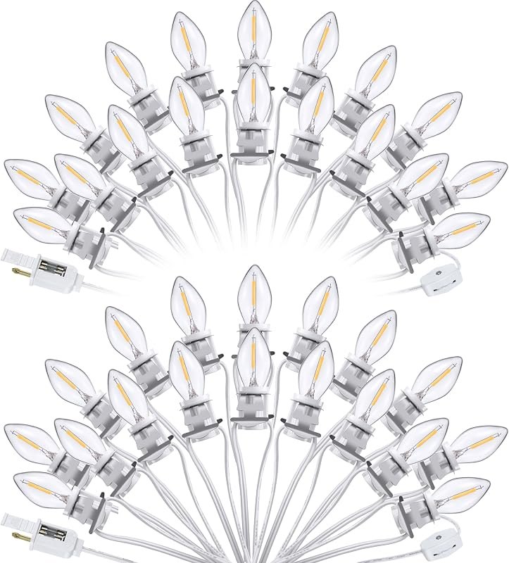 Meonum 2 Pack Accessory Cord with 36 LED Light Bulb C7 Cord Clip Christmas Village Lights with Double Spare Fuse Blow