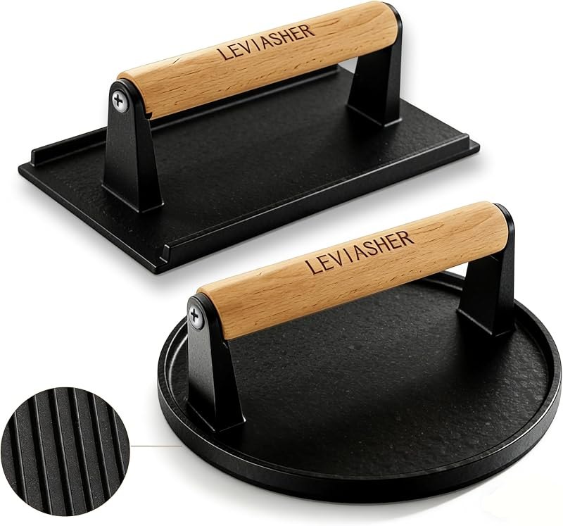 2Pack 2.3lb Steak Weight & Burger Press, Striped Base, 7" Round 7"X4" Heavy Duty Cast Iron Grill Press with Wood
