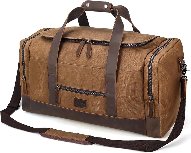Polare 23" Waxed Canvas Cowhide Leather Travel Duffle Bag 42L Duffel Bag Waterproof Overnight Carry on Luggage Sport