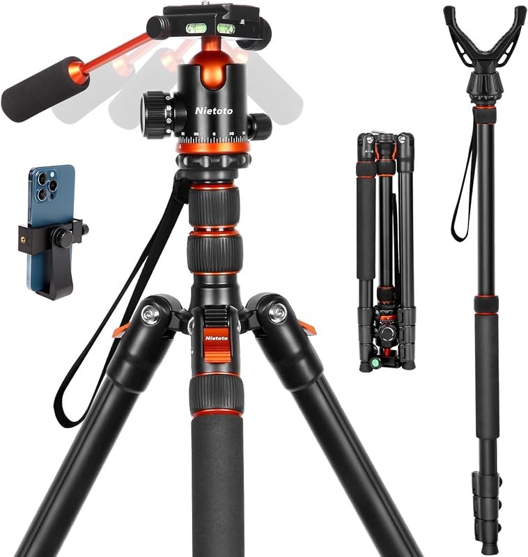 2 in 1 Camera Tripod & Hunting Stand Foldable, 68" Ball Head Tripod for Camera and Phone, Heavy Duty Tripod for DSLR