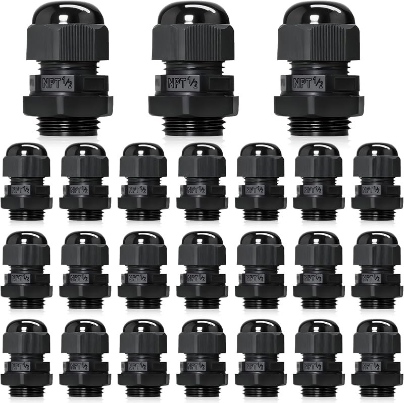 24 Pcs 1/2" NPT Black Adjustable Cable Glands - IP68 Waterproof Electrical Connectors, Nylon Cord Grips Strain Relief