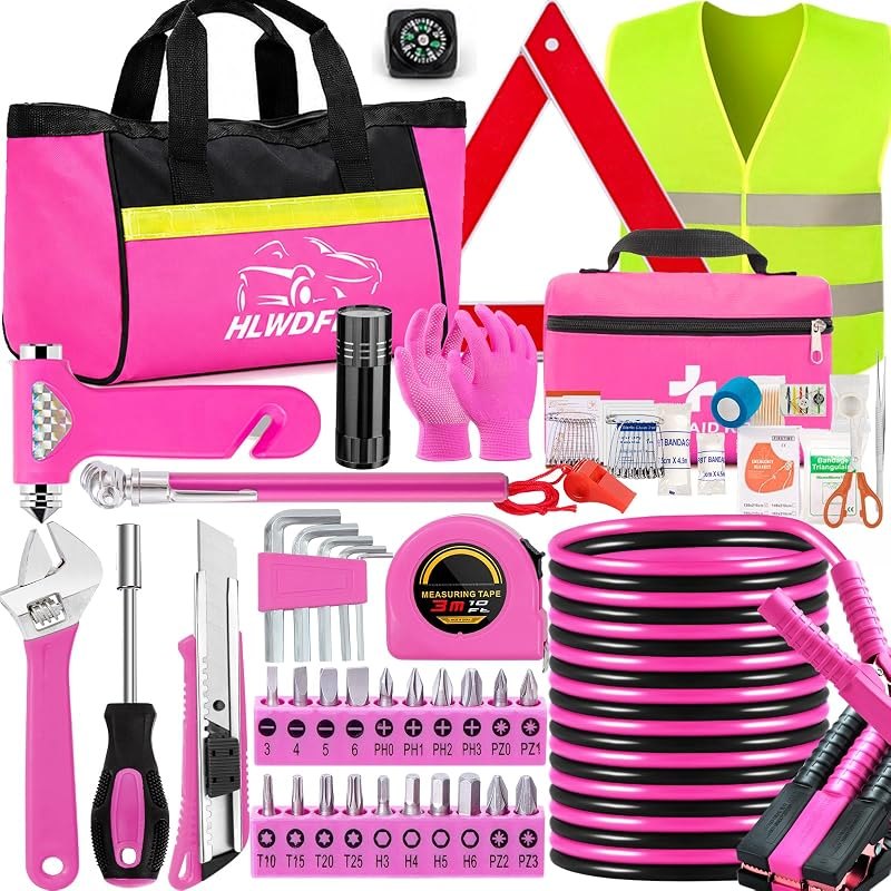 Car Roadside Safety Kit - 129pcs Pink Winter Emergency Road Side Assistance Kits Auto Essential Kit for Men, Women