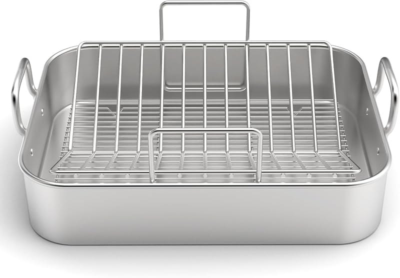 Stainless Steel Roasting Pan, 17*13 Inch Turkey Roaster with Rack - Deep Broiling Pan & V-shaped Rack & Flat Rack