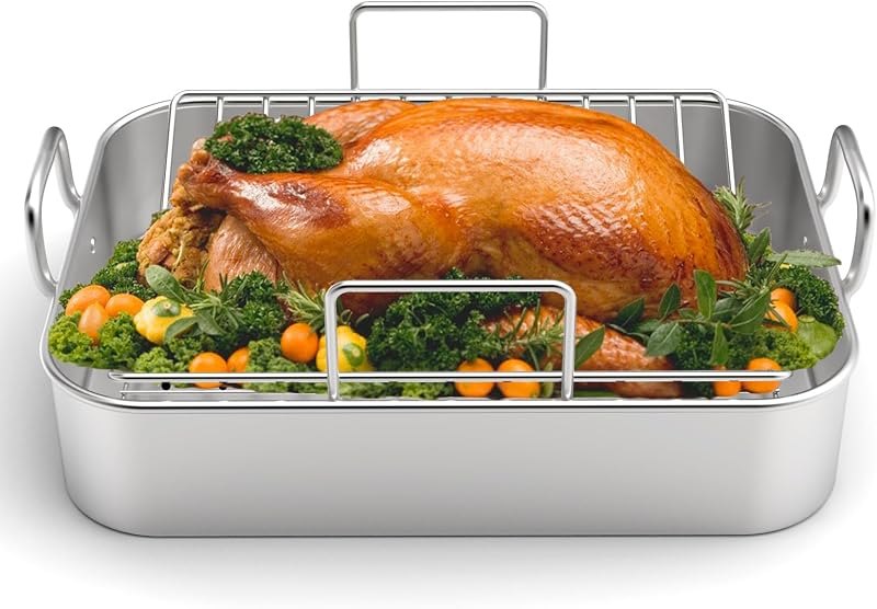Roasting Pan, EWFEN 17*13 Inch Stainless Steel Turkey Roaster with Rack - Deep Broiling Pan & V-shaped Rack & Flat