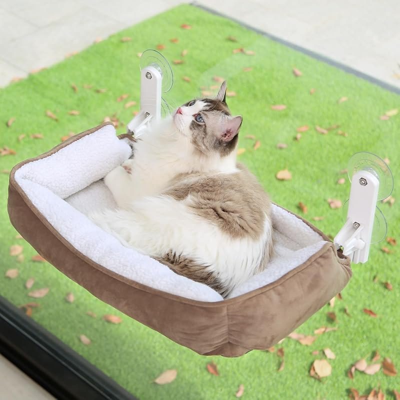 Zakkart Foldable Cat Hammock for Window with Bolster - Cordless, Three-Side Bolstered Machine Washable Fluffy Bed