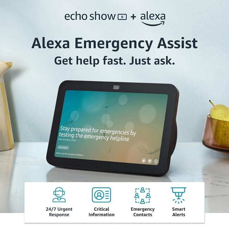 Echo Show 8 (2023 release), Charcoal, bundle with Alexa Emergency Assist (monthly auto-renewal subscription)