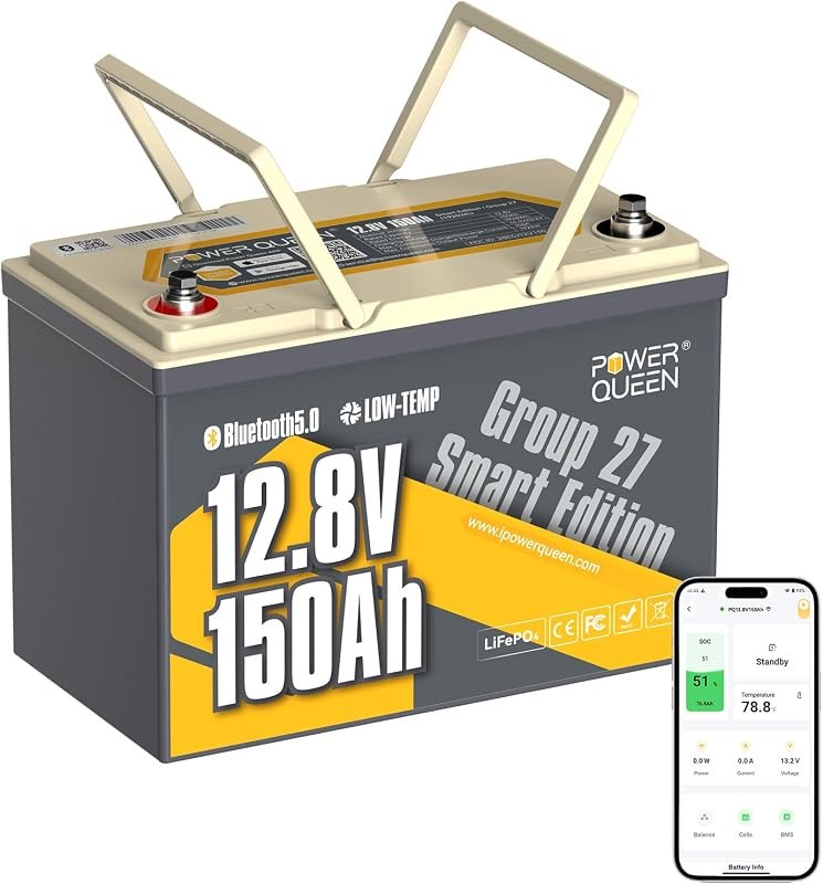 Power Queen 12V 150Ah LiFePO4 Lithium Battery Bluetooth for Marine, RVs — 12v marine battery for 12v marine battery
