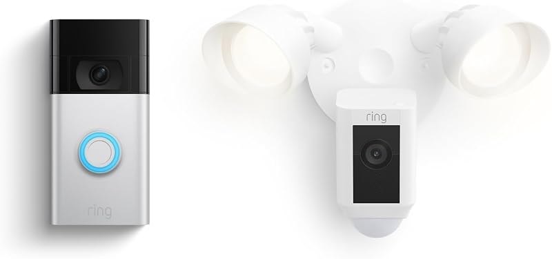 Ring Floodlight Cam Wired Plus, White with Ring Video Doorbell, Satin Nickel — home video doorbell for home video