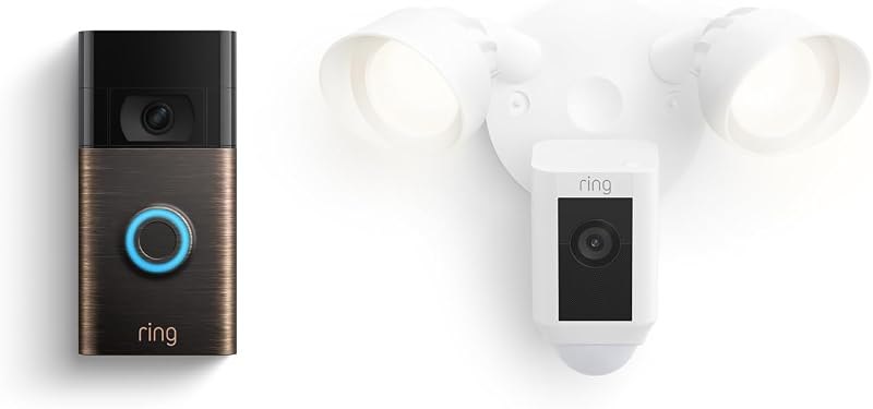 Ring Floodlight Cam Wired Plus, White with Ring Video Doorbell, Venetian Bronze — floodlight video doorbell for