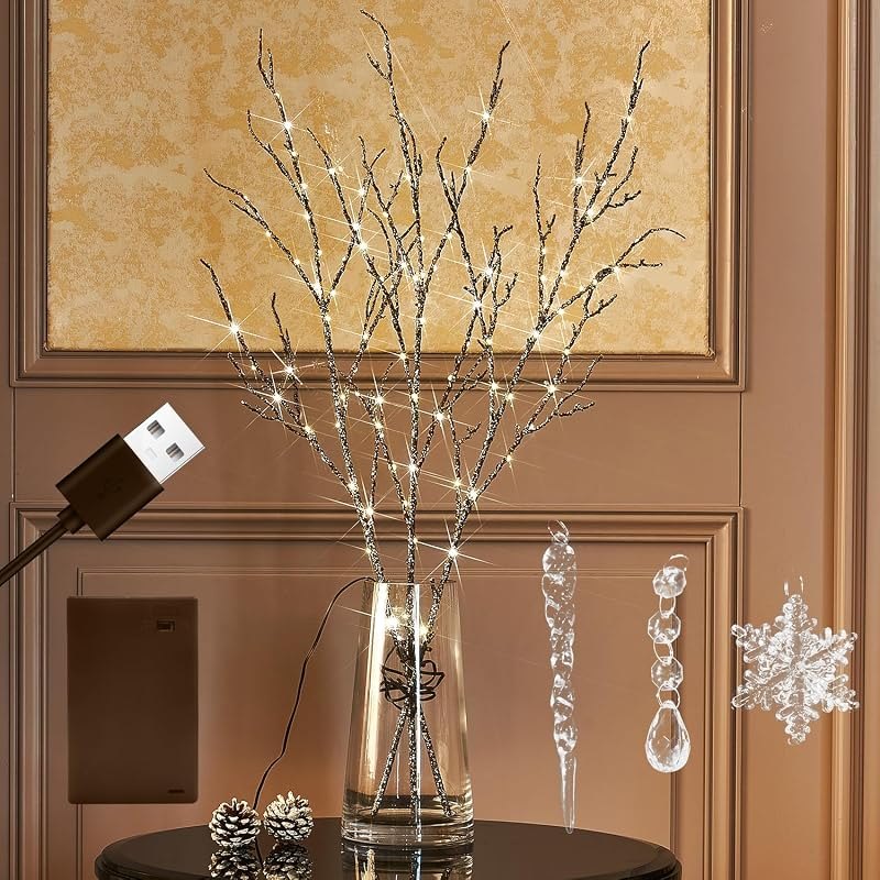 Fudios Lighted Willow Branches Christmas Glitter Battery Operated 32IN 120 LED Fairy Lights, Brown Branch Lights for