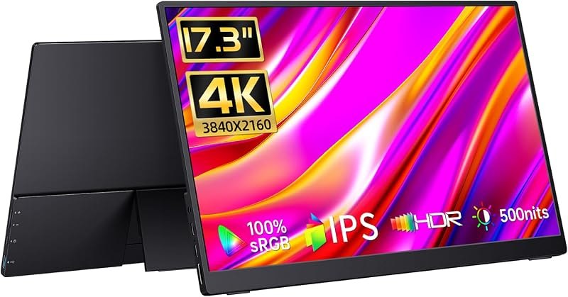 CAPERAVE 17.3" Portable Monitor 4K, 500 Nits 3840 * 2160p 100% Adobe RGB Travel Monitor with Bulit-in Kickstand &