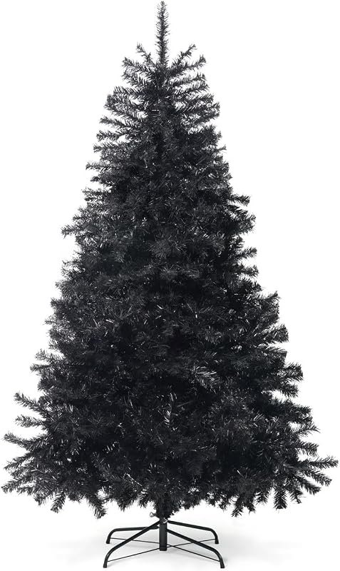 CAPHAUS 6 Ft Full Artificial Black Christmas Tree with 1000 Branch Tips, Metal Stand and Pre-Hinged Branches, Fake