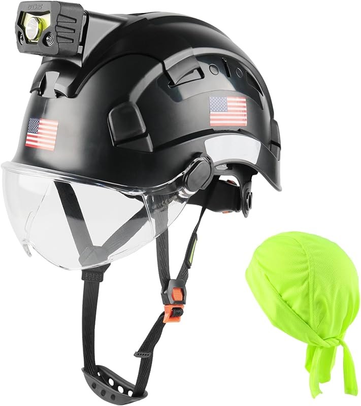 GREEN DEVIL Safety Hard Hat with Rechargeable Headlamp Light and Helmet Liner Chin Strap Men Vented Work Hardhats ANSI