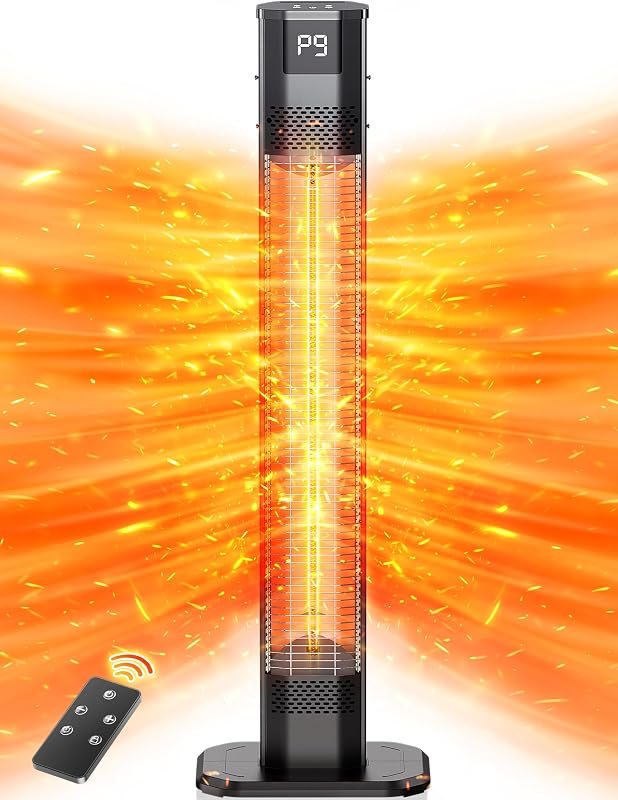 VAGKRI 42" 1500W Electric Outdoor Infrared Heater with Remote, 9 Heat Levels, 24H Timer, 1S Fast Heating, IPX5