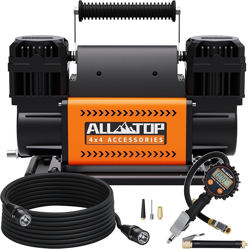ALL-TOP Dual Cylinder Air Compressor with Digital Pressure Gauge Tire Inflator Kit, 12V Portable Inflator