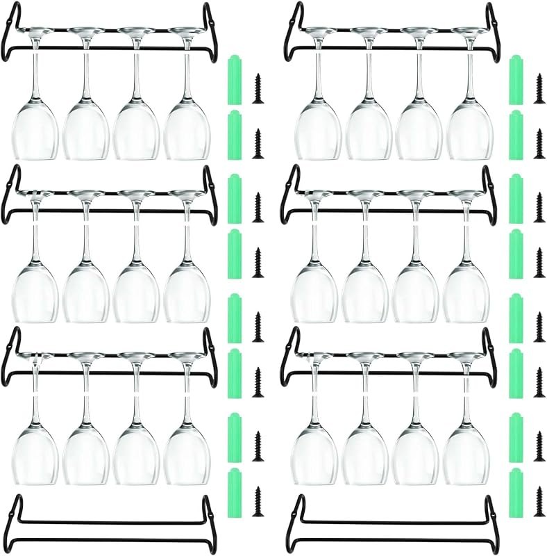 PINGEUI 8 Pack 10 Inch Under Cabinet Wine Glass Rack Shelf, Black Storage Stemware Holder, Metal Wine Glass Hanger for